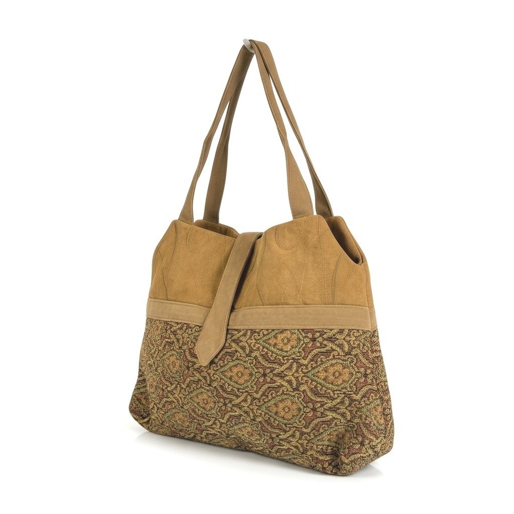 Tapestry Shoulder Bag L Tote Brown Faux Suede Textured Quilted Boho Earthy Artsy